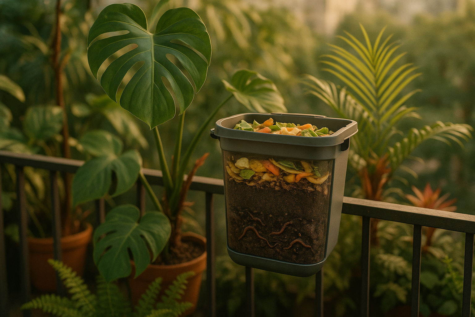 Fotografía de un compostador en un balcón urbano con capas de residuos y una capa de sustrato maduro, demostrando que es posible compostar en espacios pequeños y recibir microvida beneficiosa.