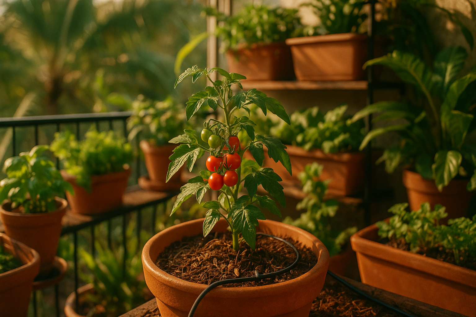 Escena de balcón urbano en un clima cálido, con sistema de riego por goteo visible entre macetas de plantas comestibles, mulch grueso y un sol directo que resalta la diversidad de colores.