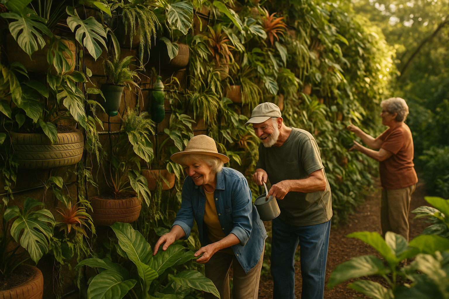 Una pared de jardín vertical en un jardín comunitario, usando neumáticos reciclados y botellas reutilizadas, con personas mayores cuidando las plantas.
