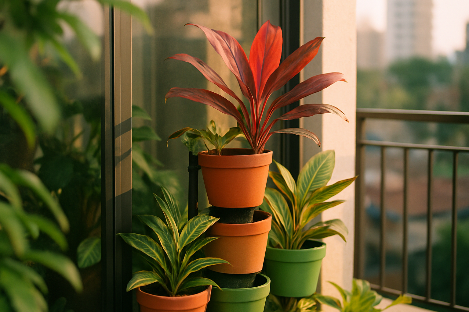 Una escena de balcón urbano con macetas verticales en un soporte modular junto a la ventana, plantas coloridas, macetas en gradiente y tela de drenaje visible, con luz de tarde suave.