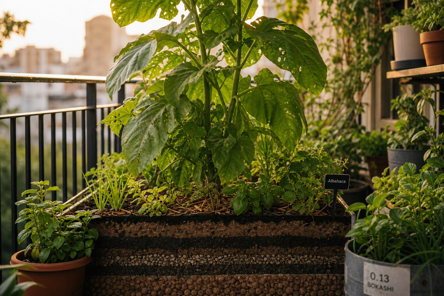 Imagen contextual: Vista de un balcón urbano con biobandas, macetas y plantas comestibles, mostrando capas de sustrato.