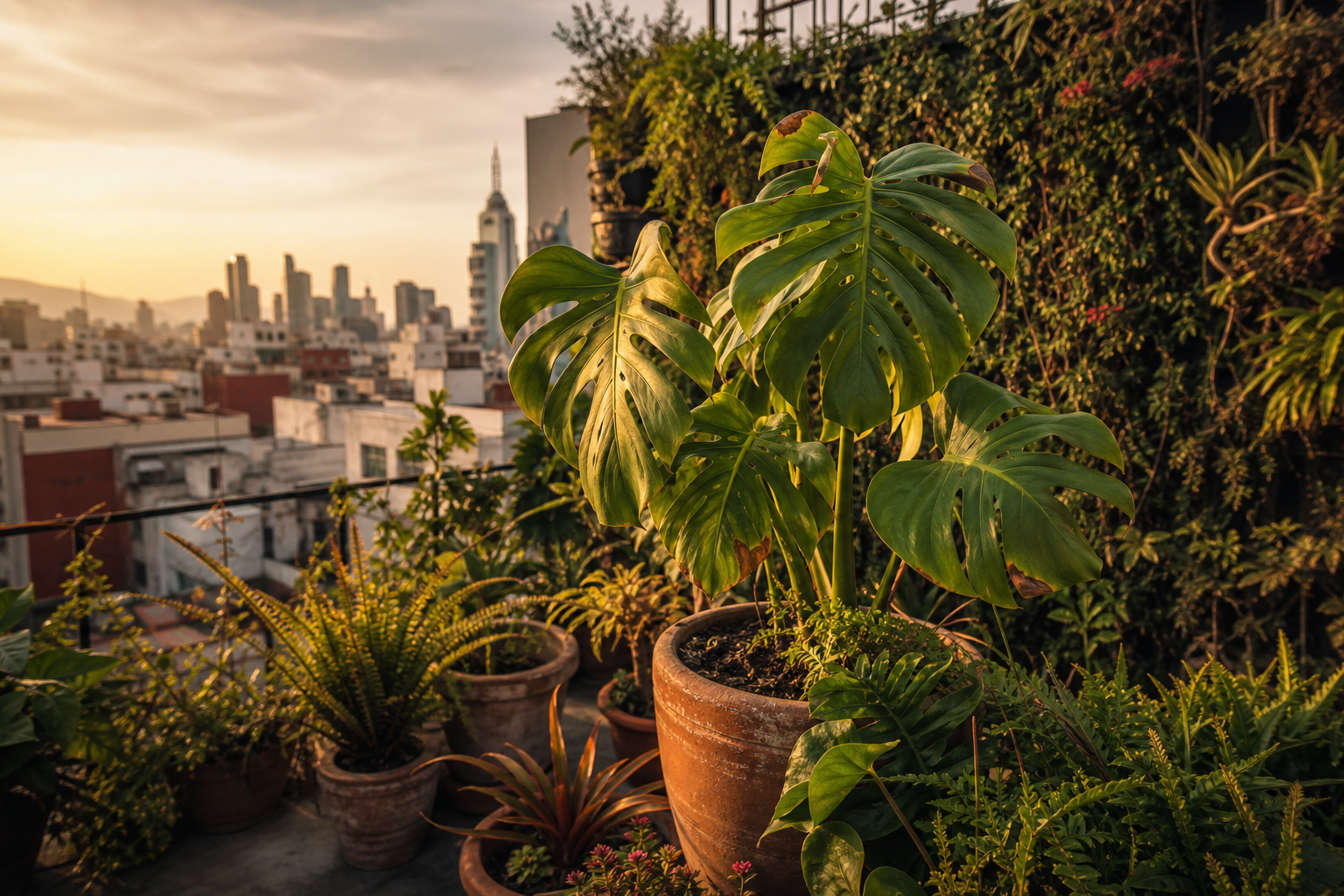 Imagen contextual de una azotea urbana mexicana con un techo verde compacto: macetas, un muro verde y una vista de la ciudad al fondo.