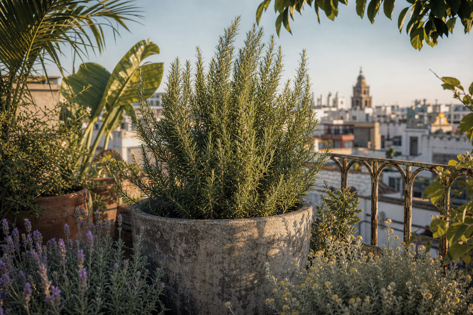 Imagen contextual de una azotea mexicana con contenedores pesados y plantas resistentes al viento como romero, lavanda y santolina, frente a estructura urbana y cielo claro.