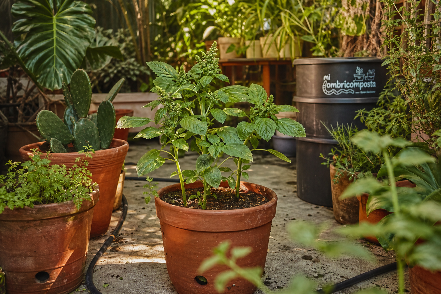 Patio urbano mexicano con macetas de barro, una vermicompostera y plantas nativas comestibles (quelites, nopales jóvenes, hierbas) en macetas; drenaje visible y riego por goteo.