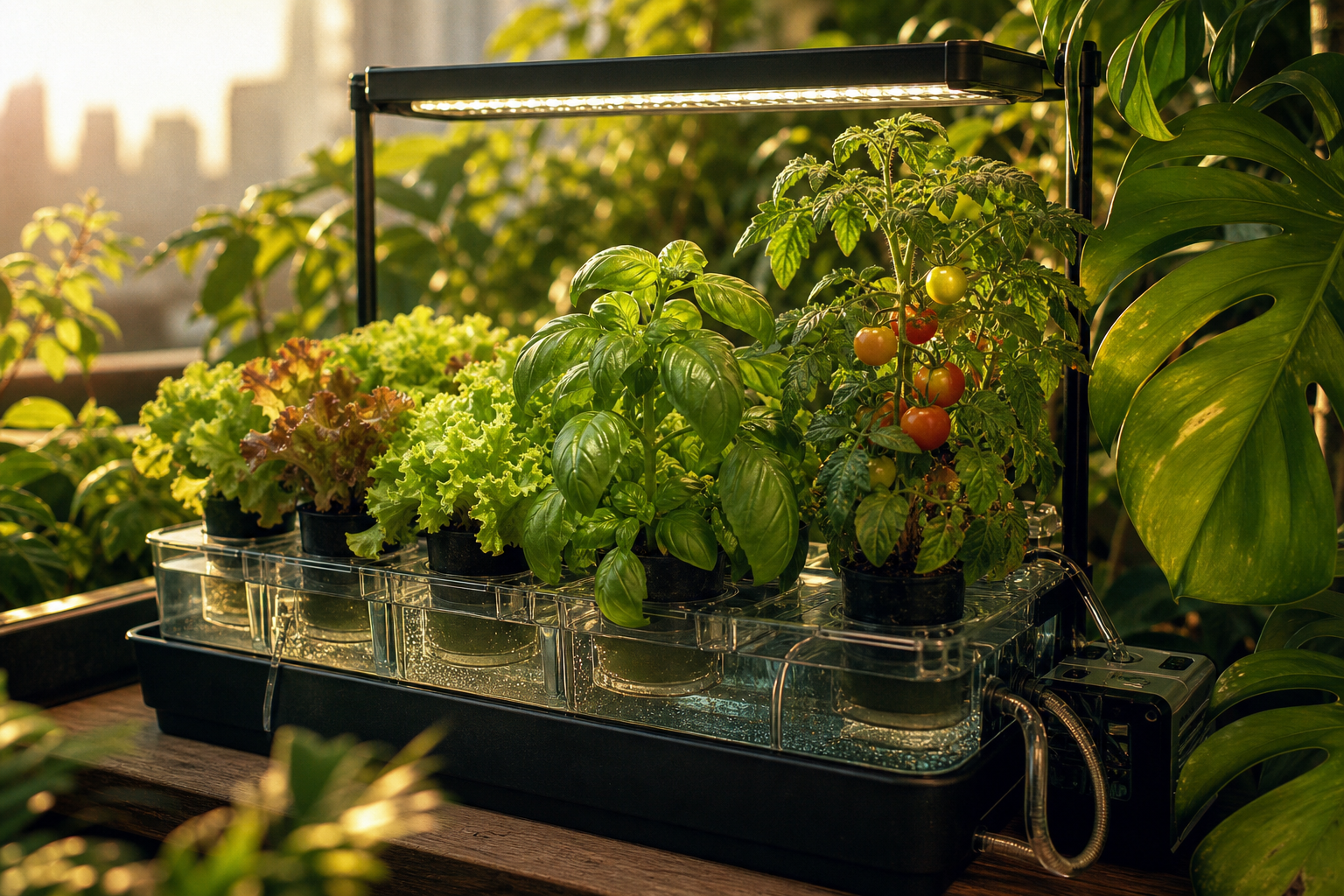 Imagen contextual de un sistema hidropónico en una ventana o azotea: bandejas transparentes con solución nutritiva circulando, tubos, base y luces LED; plantas como lechuga, albahaca y tomates en macetas.