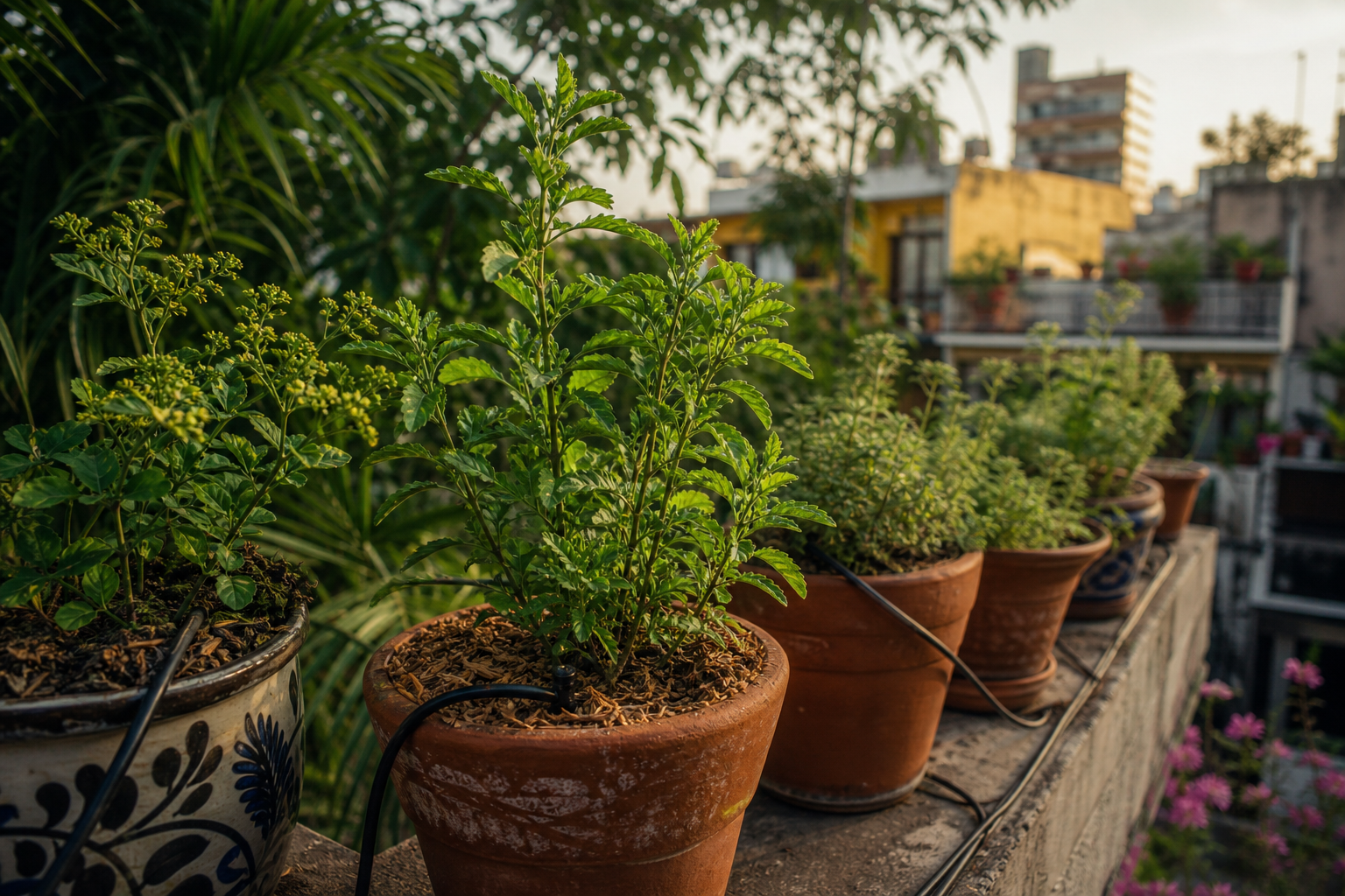 Una imagen contextual de un balcón urbano mexicano con varias macetas: plantas nativas medicinales, riego por goteo y mantillo, bajo luz suave de tarde.