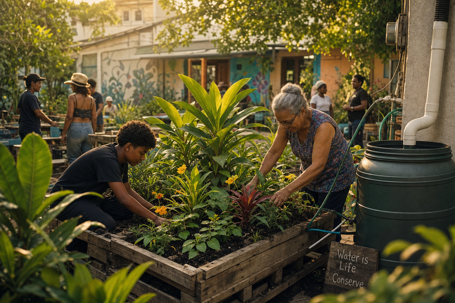 Una imagen contextual de un bancal elevado construido con pallets reciclados en un patio comunitario, con personas mayores y jóvenes trabajando juntos, mostrando un sistema de captación de agua pluvial y plantas locales.