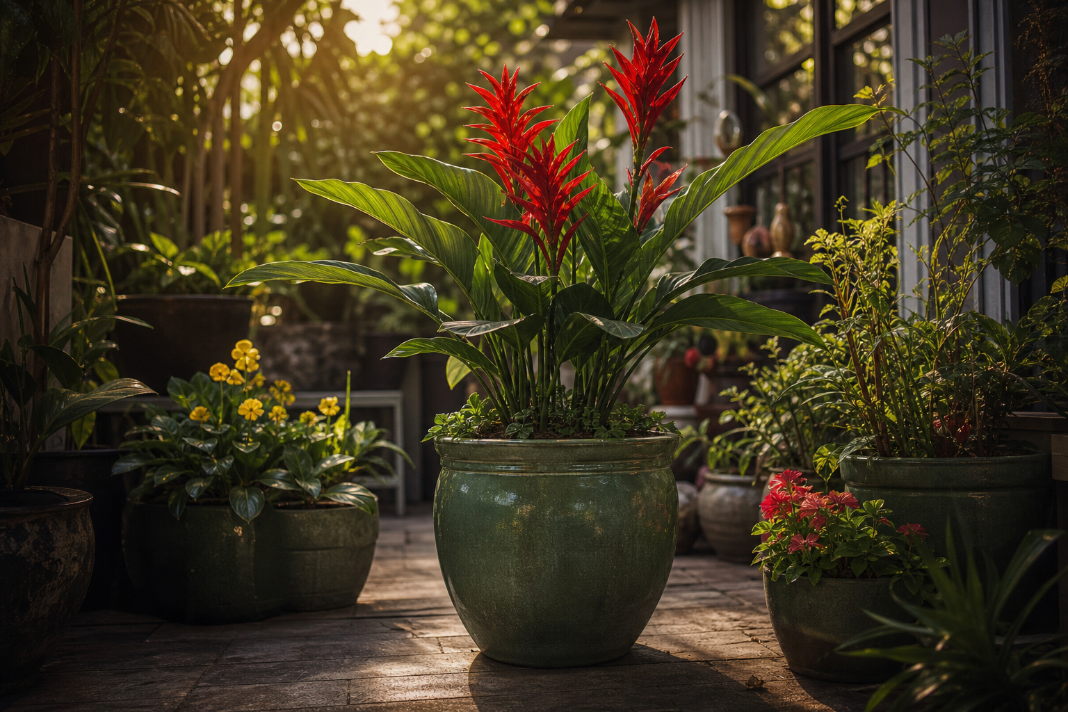 Foto de un patio urbano compacto con varias macetas en diferentes tonos de verde y flores en colores como rojos y amarillos, luz de tarde y sombras suaves.
