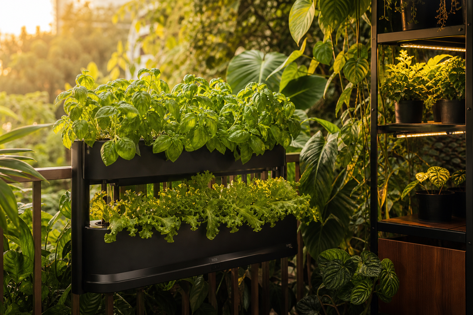 Imagen de un sistema aeropónico compacto montado en un balcón con plantas como albahaca y lechuga, junto a un estante vertical y fuentes de luz.