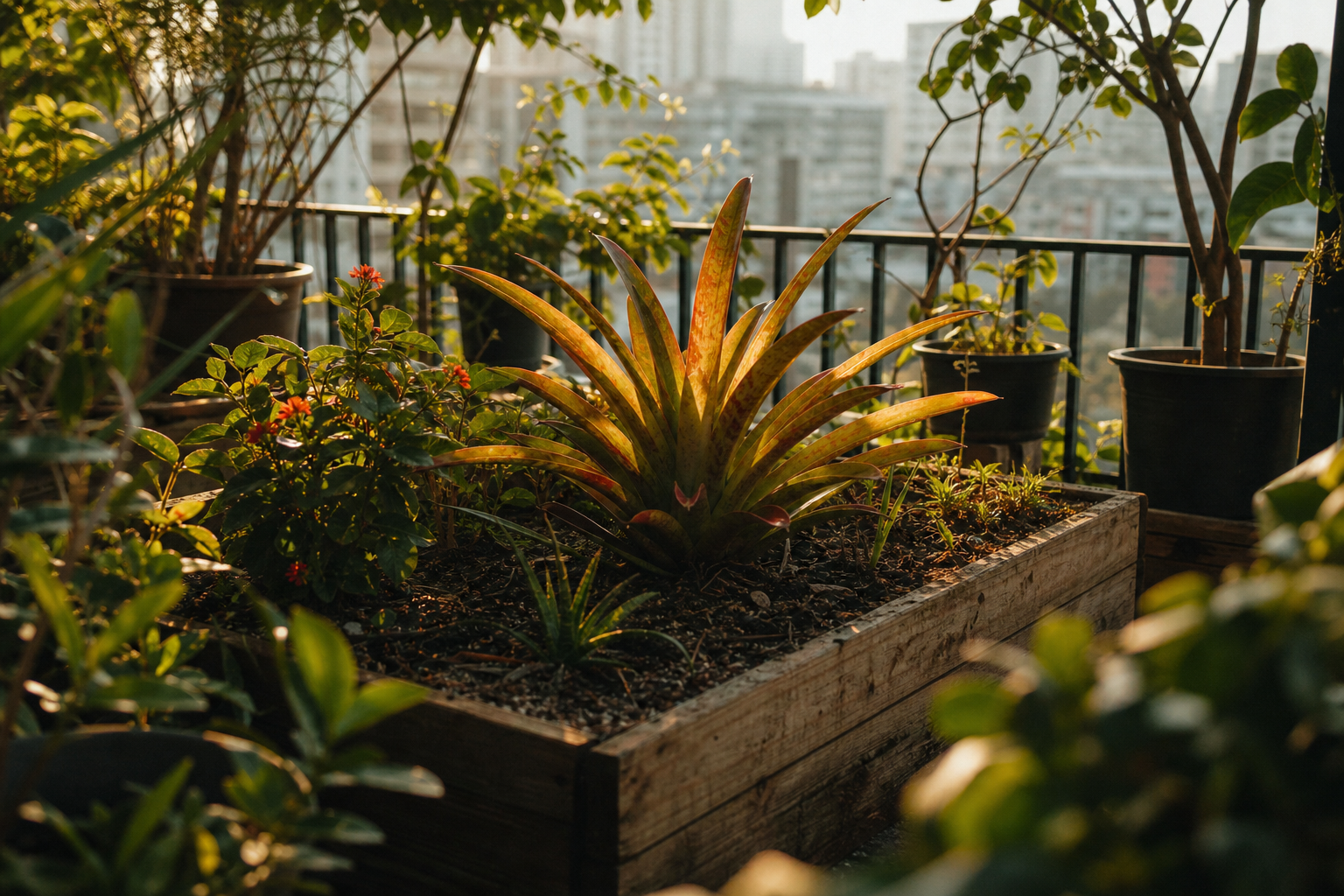 Imagen de un balcón urbano con camas elevadas, compost y mulch reteniendo humedad alrededor de plantas nativas