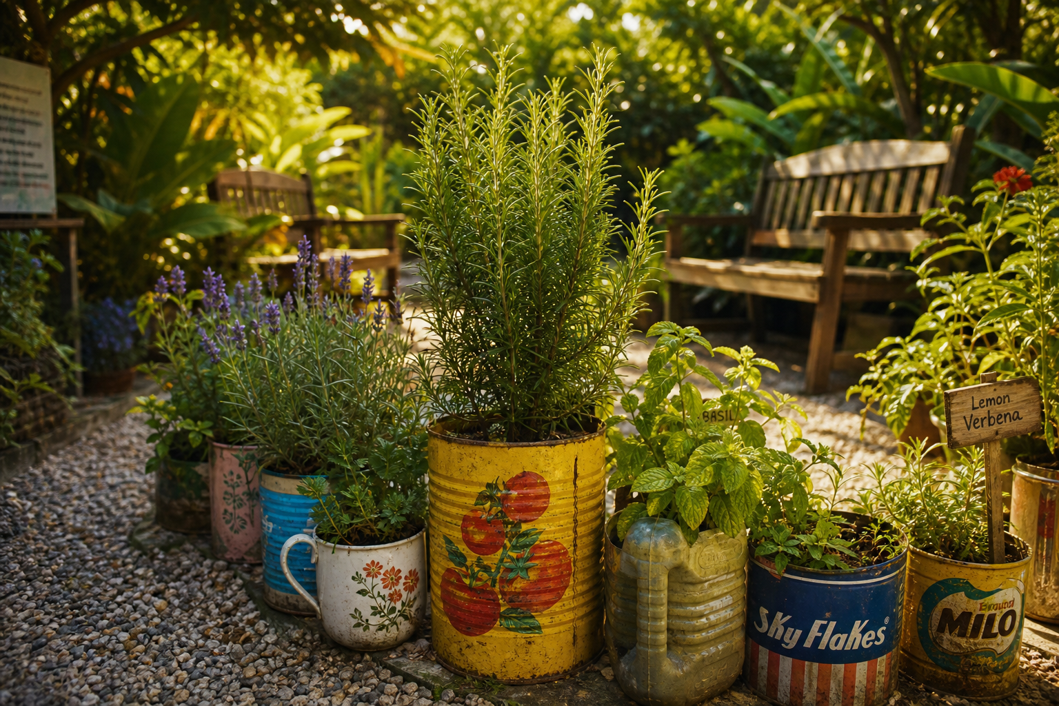 Imagen de un jardín sensorial comunitario con senderos de grava, bancos y plantas aromáticas en macetas recicladas.