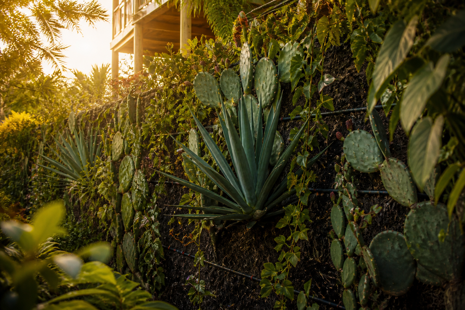 Muro vivo que combina nopales, agaves y trepadoras nativas, con capa de mulch oscura y riego por goteo visible.