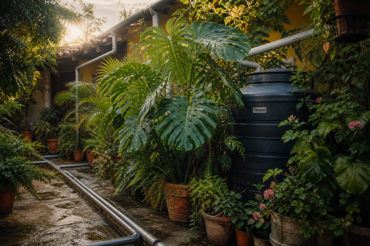 Sistema de captación en un patio comunitario con canaletas recicladas y un tinaco colocado entre macetas y vegetación