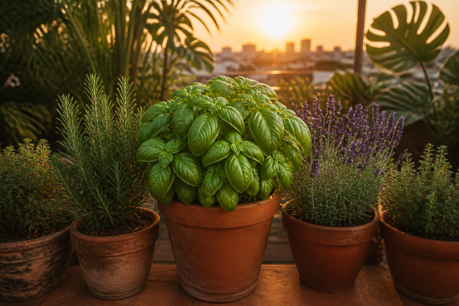 Imagen de una azotea con macetas de albahaca, romero, tomillo y lavanda al atardecer, mostrando contraste de colores y texturas.