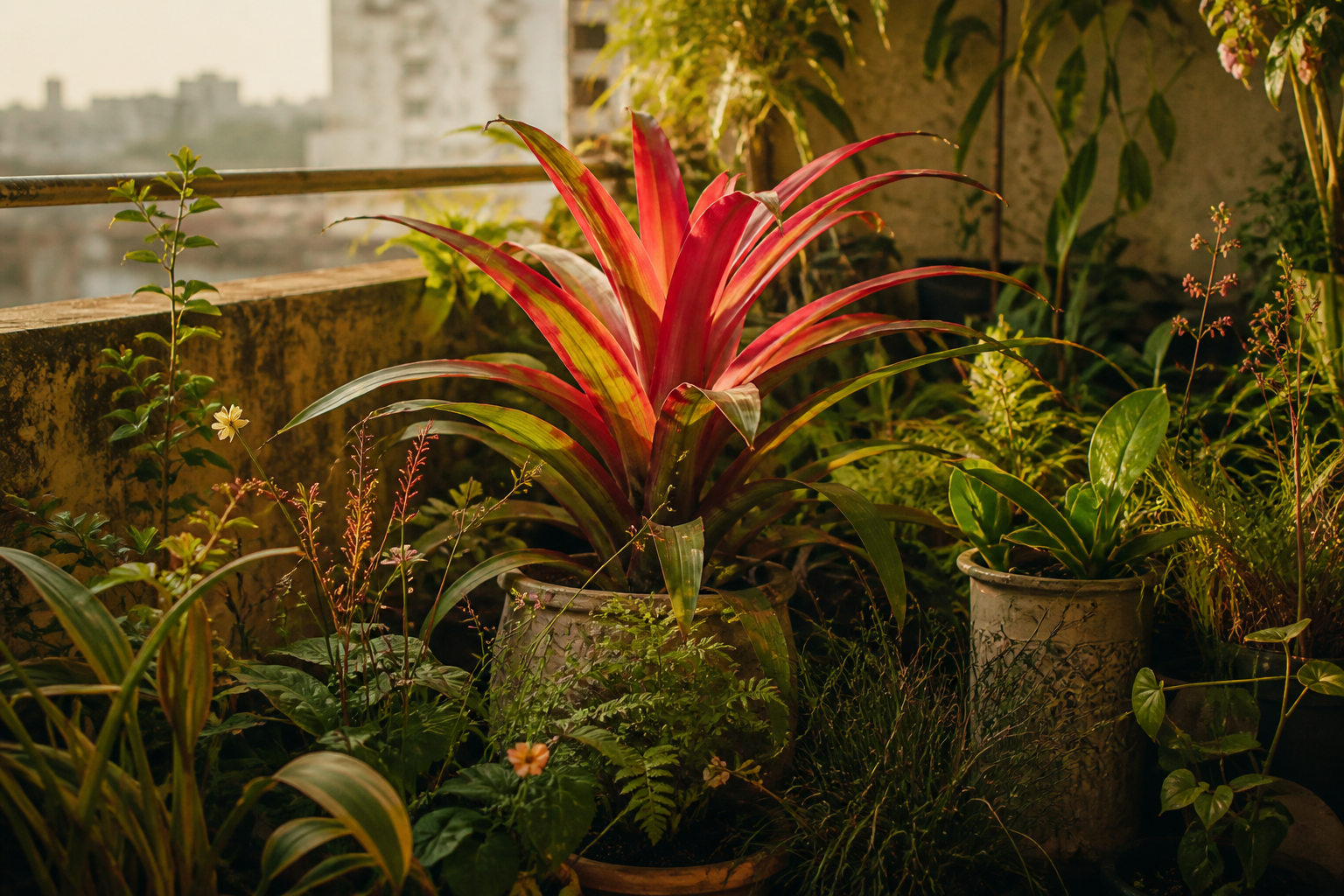 Imagen de una colección de plantas nativas regionales en un balcón urbano, mostrando diversidad de texturas y colores.