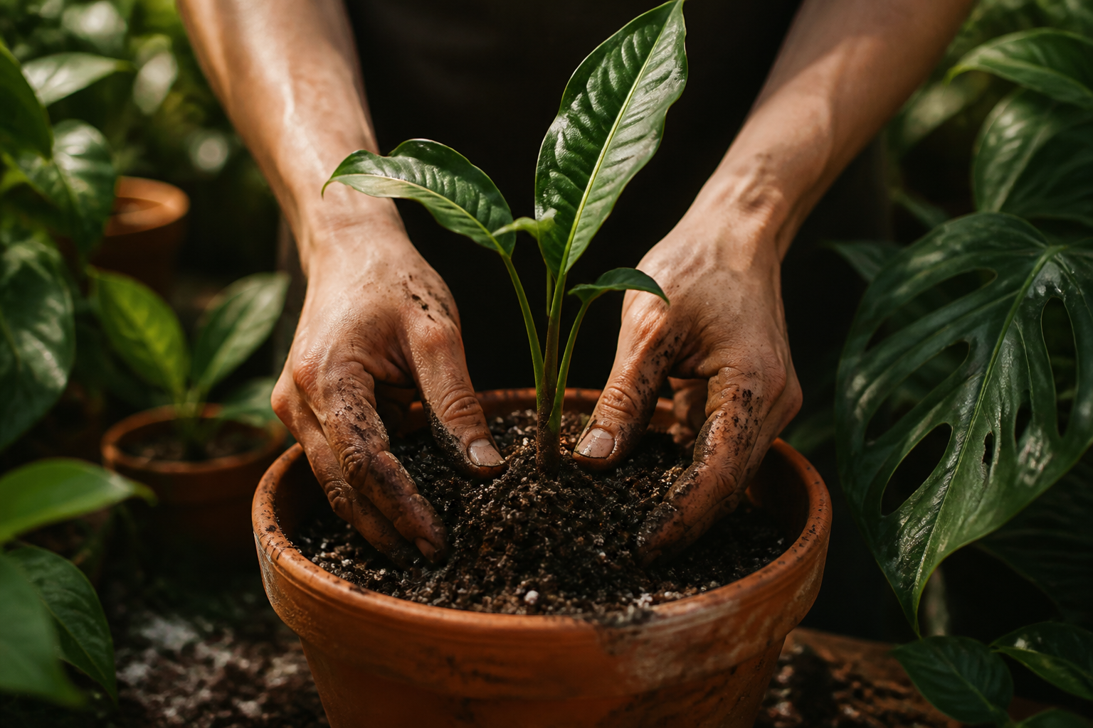 Manos entre textura franco-arenosa y materia orgánica oscura, mostrando una mezcla lista para cultivar