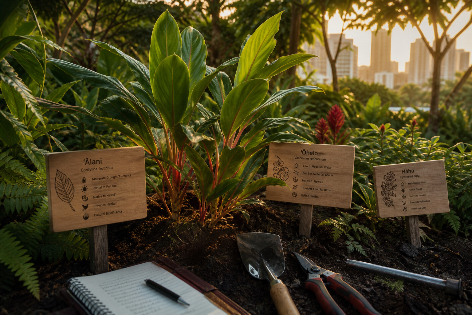Imagen de un jardín urbano con plantas nativas, señalización de rasgos para identificación (hojas, flores, hábitat) y herramientas de muestreo.