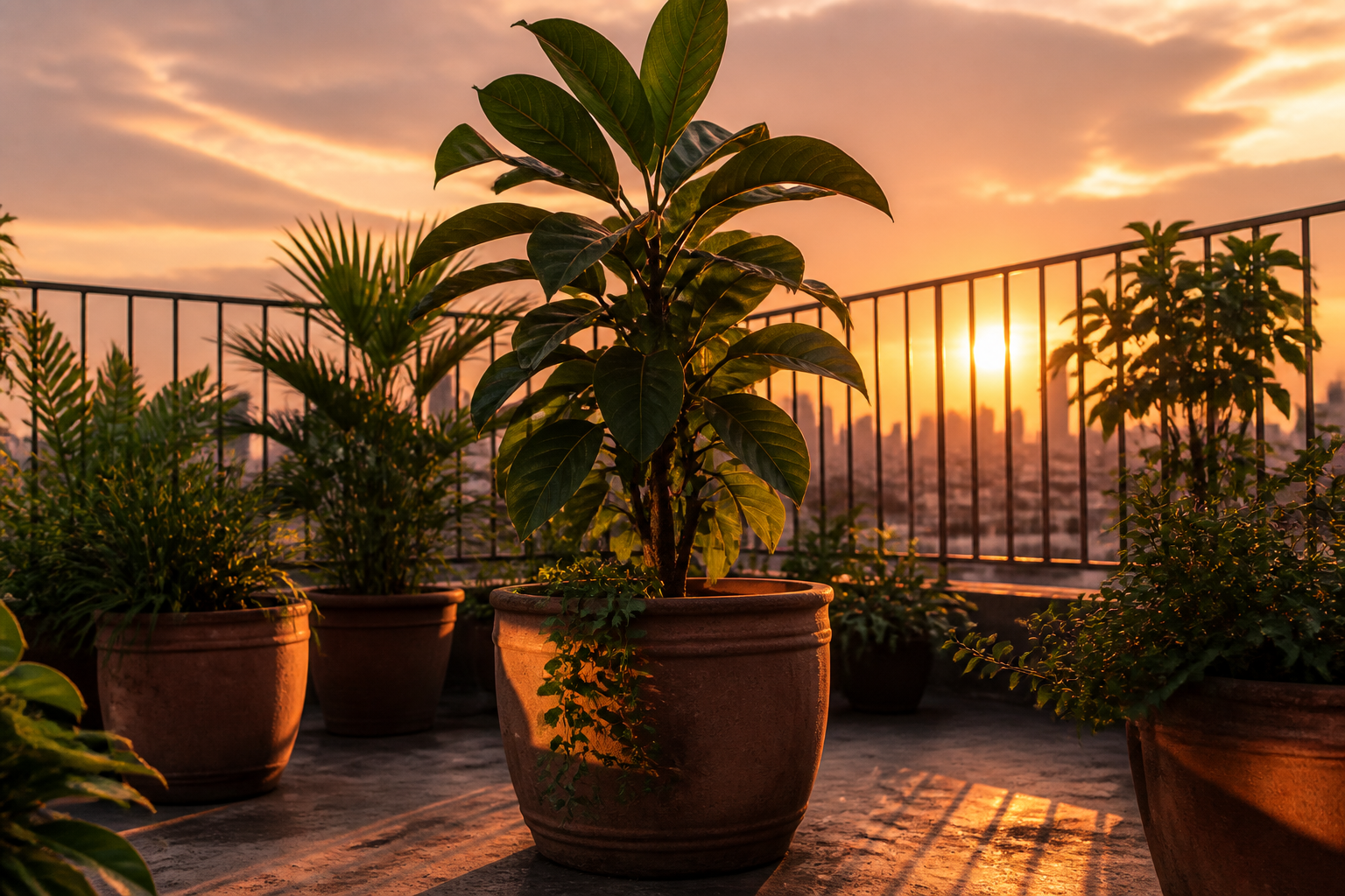 Foto de un jardín en azotea al atardecer, con sombras largas de barandales sobre macetas y colores cálidos que se funden con el cielo.