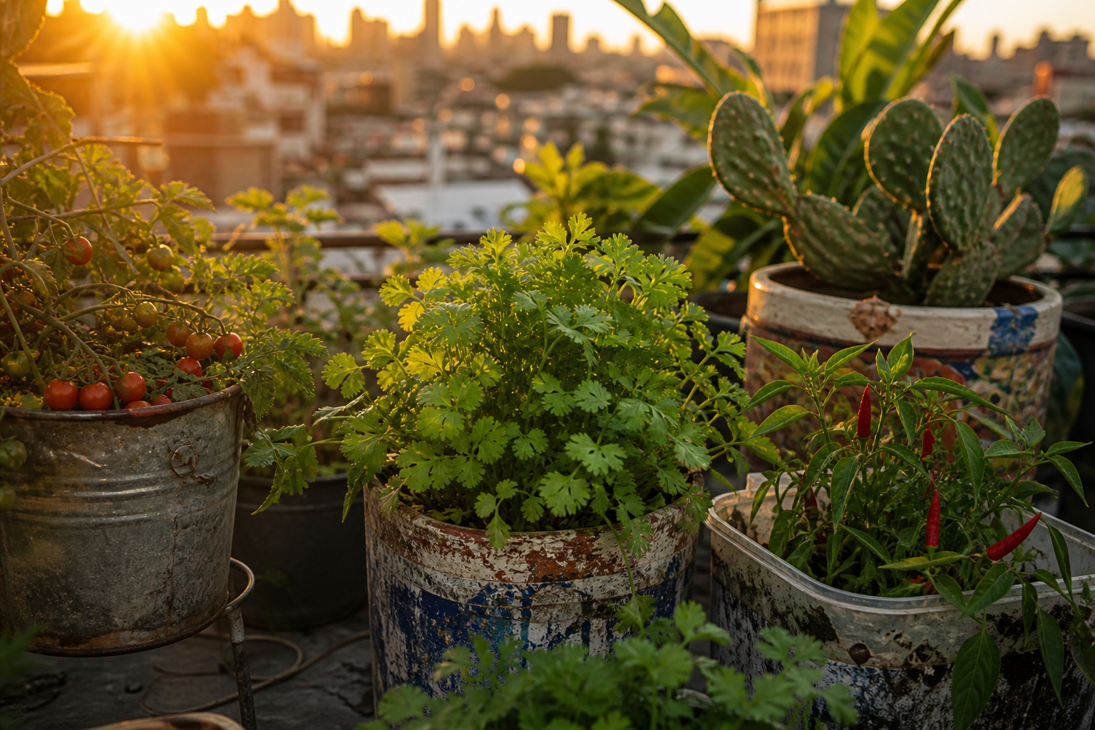 Imagen de una azotea comunitaria con macetas de plantas comestibles: cilantro, jitomates, chiles y nopales en ollas recicladas.