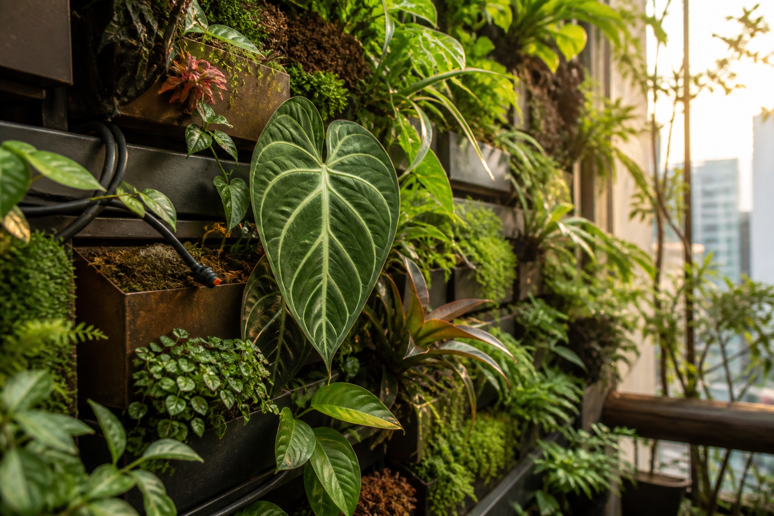 Fotografía de una pared verde en balcón urbano con diferentes plantas, texturas y un sistema de riego ligero, mostrando un ejemplo de biodiversidad en microespacios.