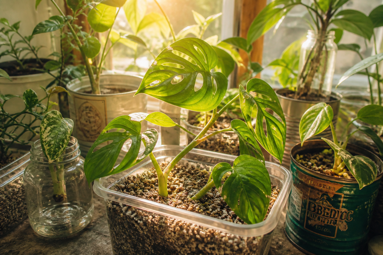 Primer plano de esquejes en recipientes reciclados con sustrato ligero en una ventana soleada, listos para enraizar.