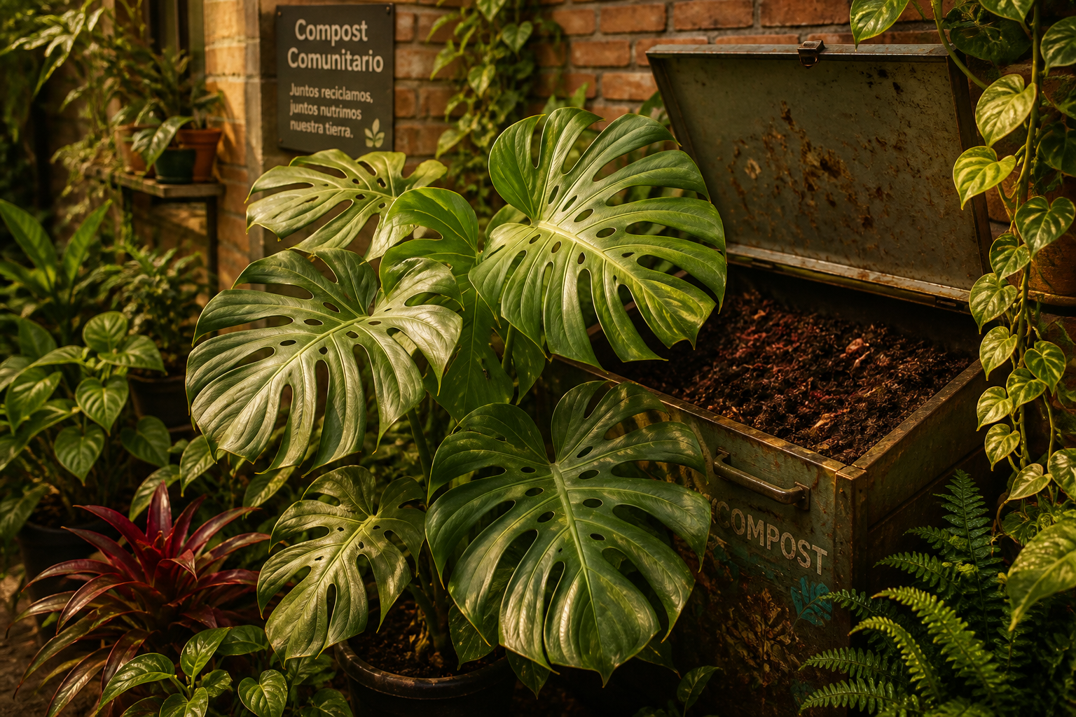 Imagen de una compostera comunitaria en un patio urbano con lombrices trabajando el compost