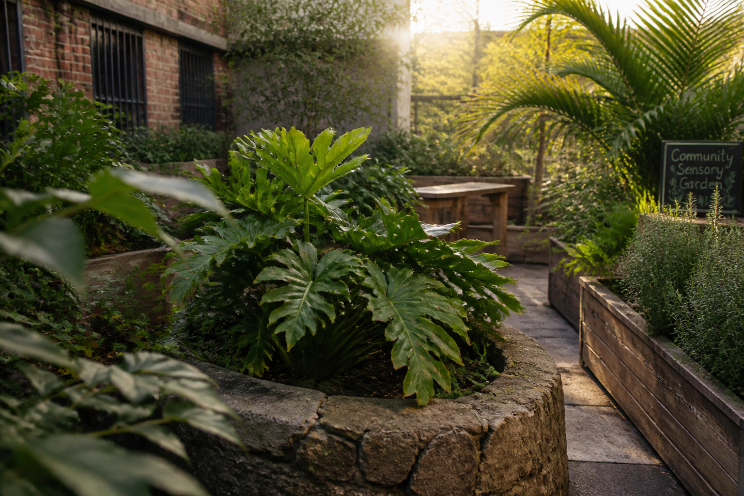 Foto de jardín sensorial comunitario en un patio urbano: texturas de piedra, madera reciclada y hierbas aromáticas.