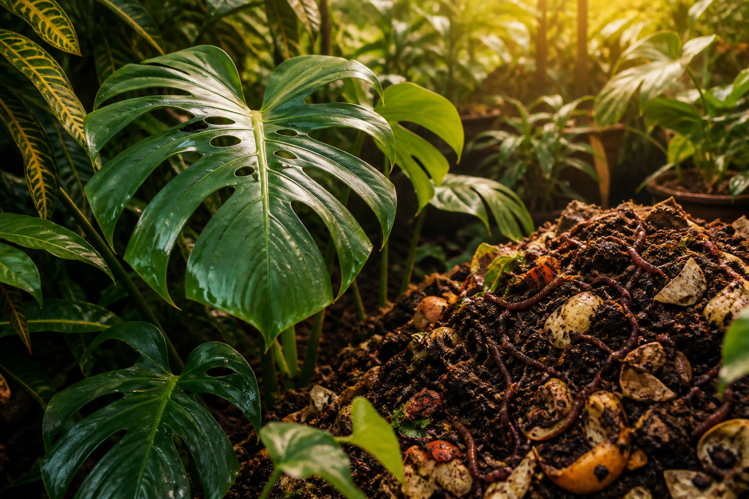 Imagen de vermicompost con lombrices rojas californianas moviéndose entre residuos orgánicos.