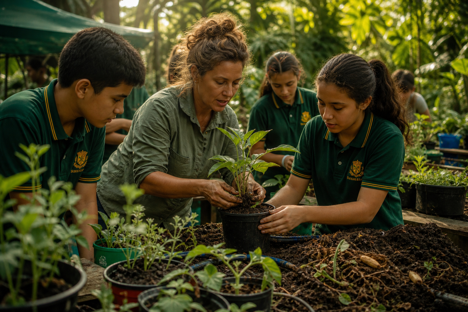 Imagen de un taller escolar al aire libre donde docentes y estudiantes preparan macetas con plantas comestibles nativas, rodeados de compost y tiras de riego.