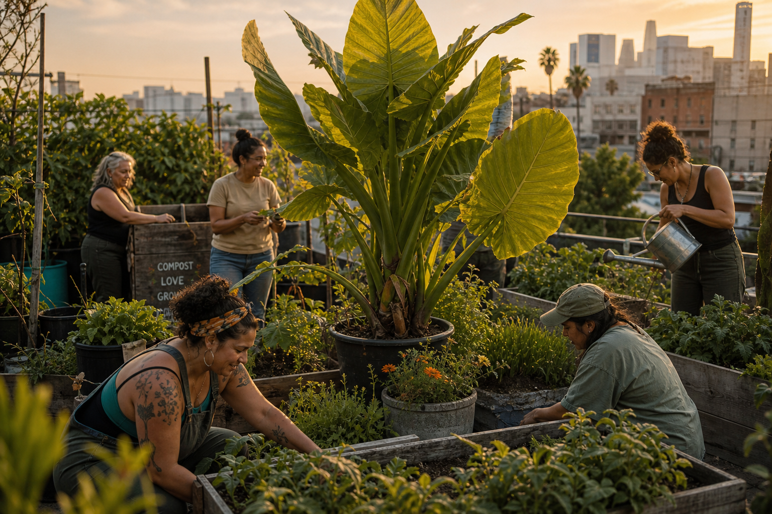 Imagen de un grupo de vecinas trabajando en un huerto comunitario en una azotea, con bancales, macetas y compost.