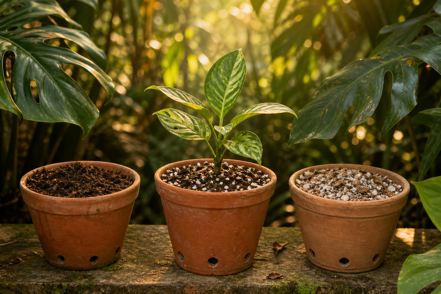 Imagen ilustrativa de tres macetas con distintas bases: vermicompost con fibra de coco, mezcla con coco coir y perlita, y mezcla mineral; se aprecia drenaje y color de sustrato.