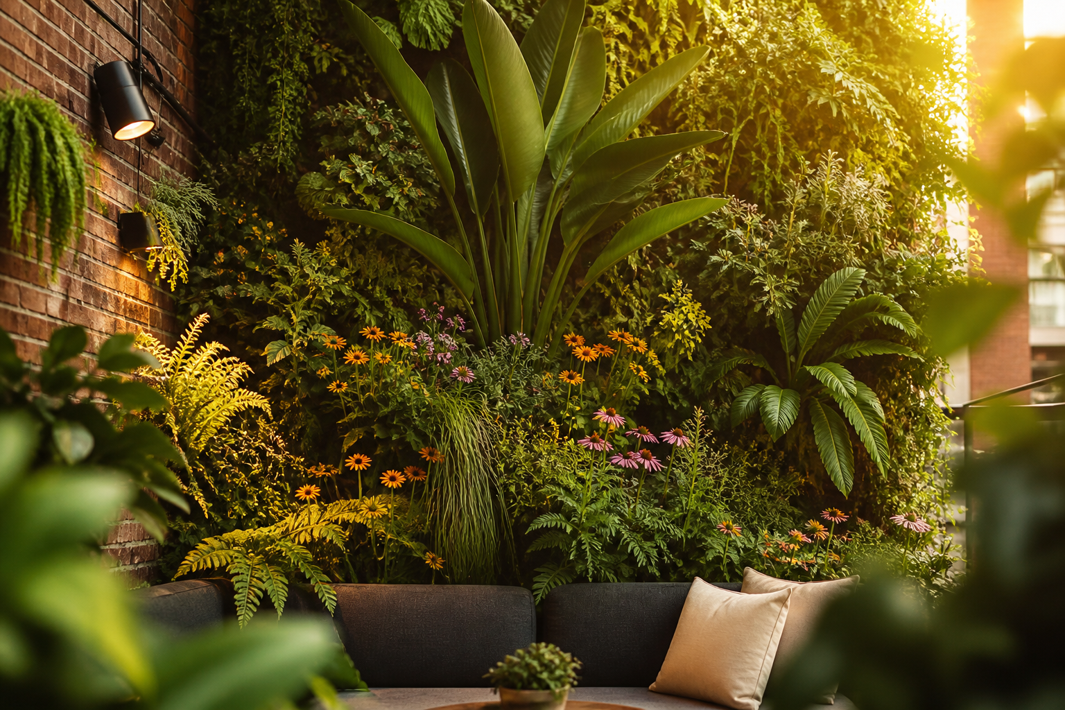 Imagen de muro verde implementado en un patio urbano comunitario, con plantas nativas y medicinales, sustrato drenante y riego por goteo.