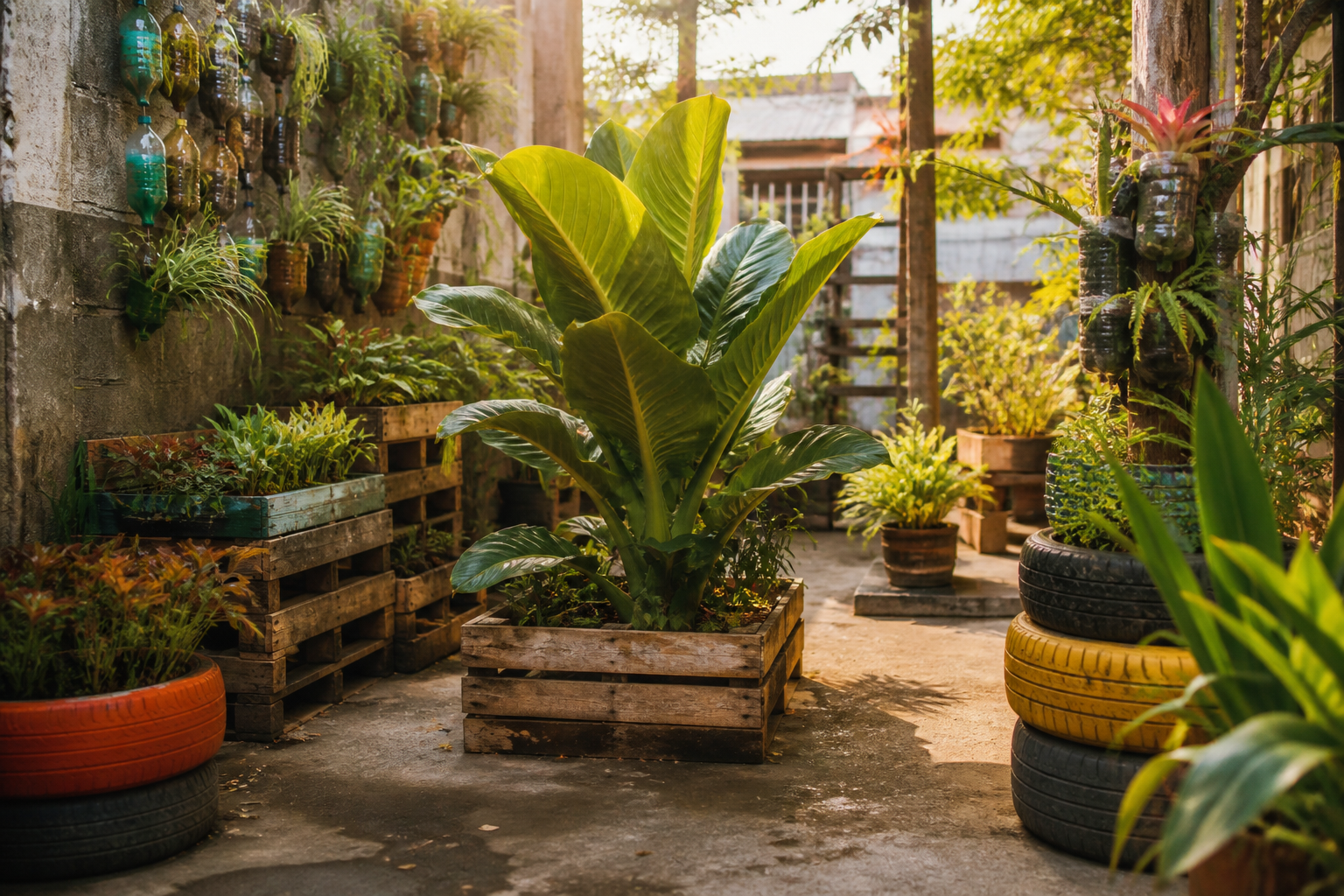 Imagen de macetas construidas con pallets, llantas recicladas y botellas PET, dispuestas en un patio urbano con plantas locales.