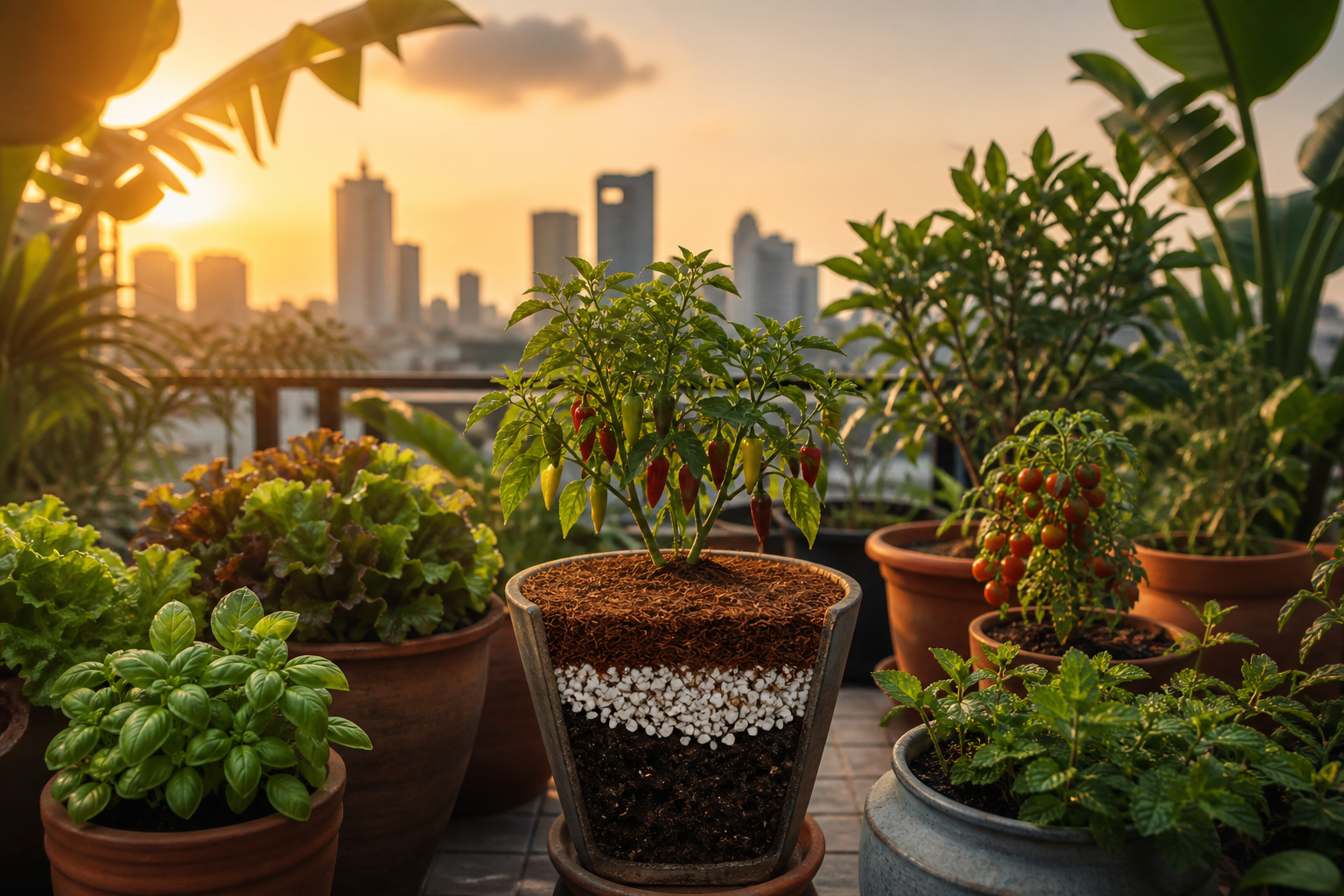 Imagen de mezcla de sustratos en macetas urbanas con plantas comestibles en una azotea o terraza