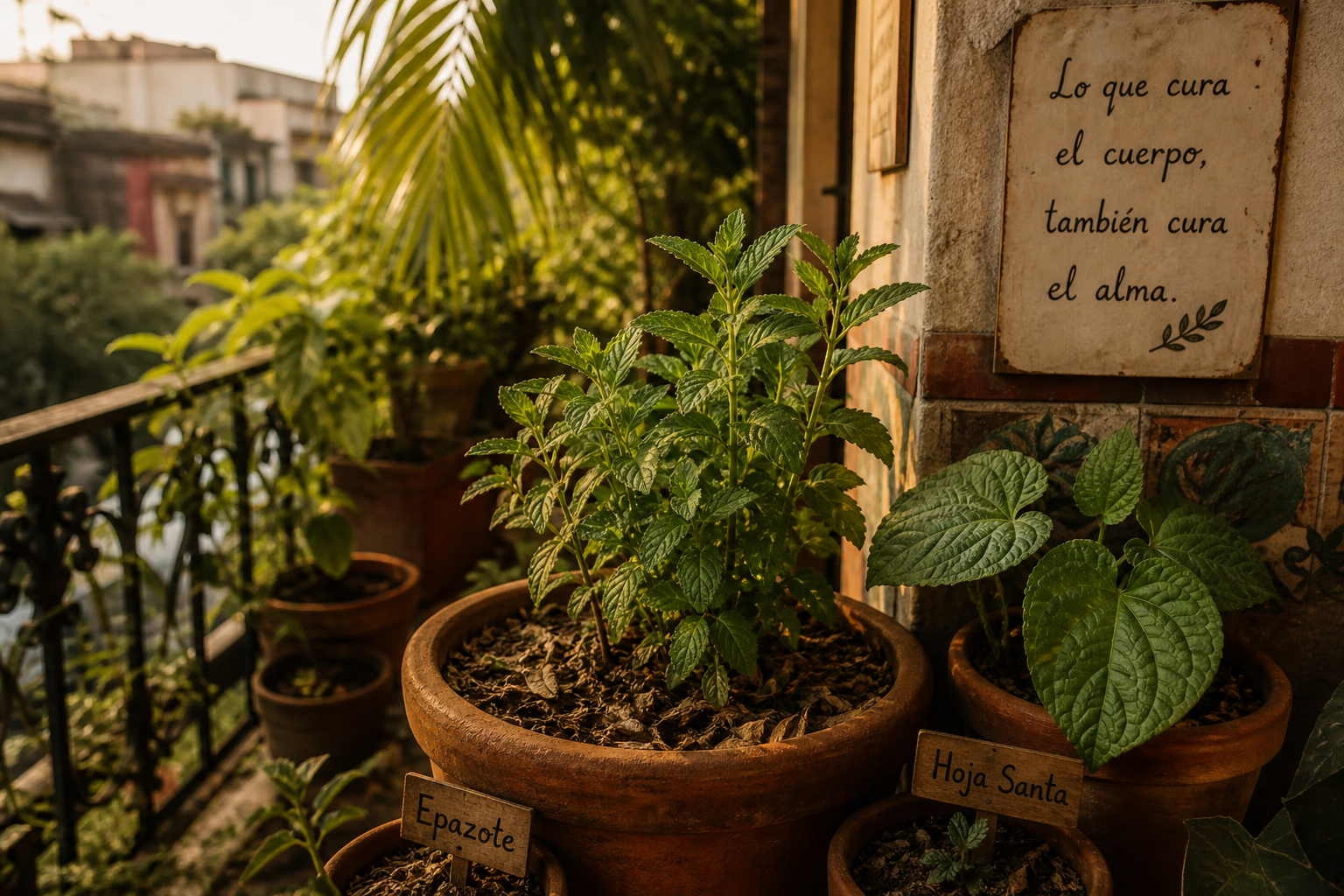 Fotografía de un balcón urbano mexicano con macetas ordenadas: plantas nativas medicinales sobre mulching y sustrato drenante, recibiendo sol suave.