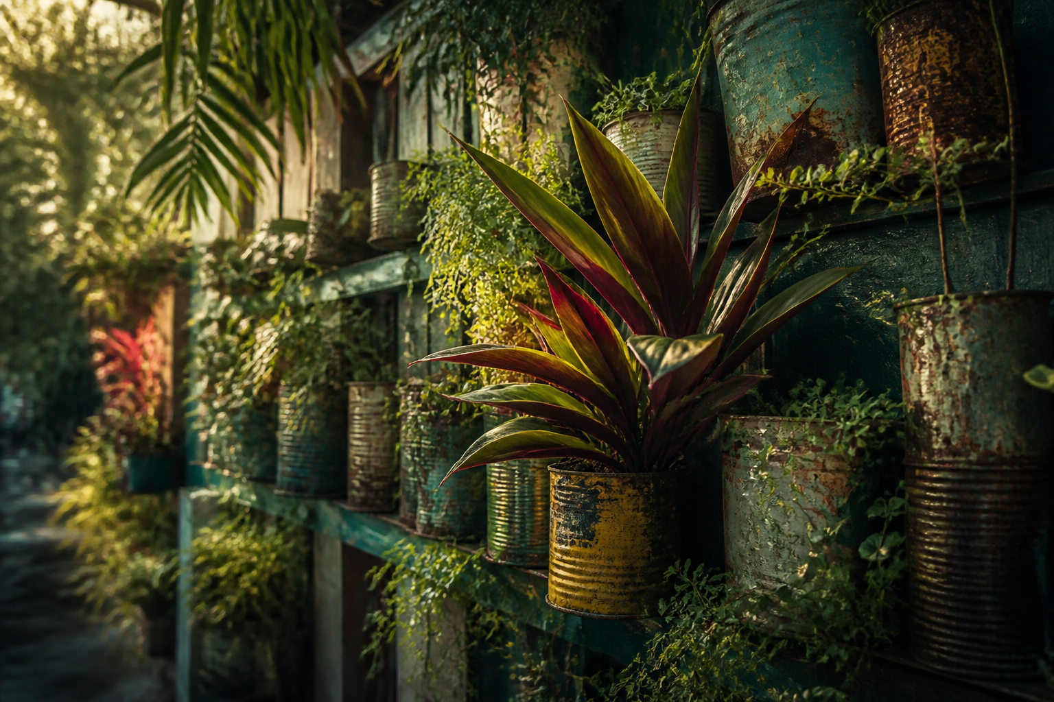Imagen de un muro verde urbano con plantas criollas sembradas en contenedores reciclados.