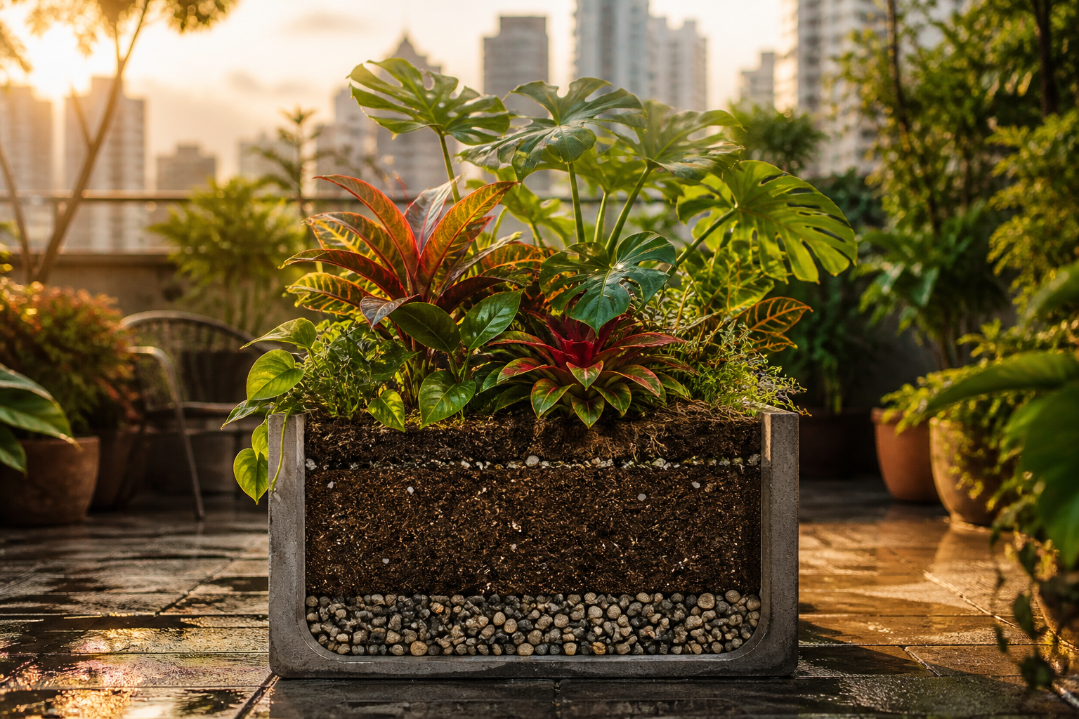 Maceta en azotea mostrando capas visibles: drenaje al fondo, sustrato nutritivo y una capa superior decorativa con plantas ornamentales