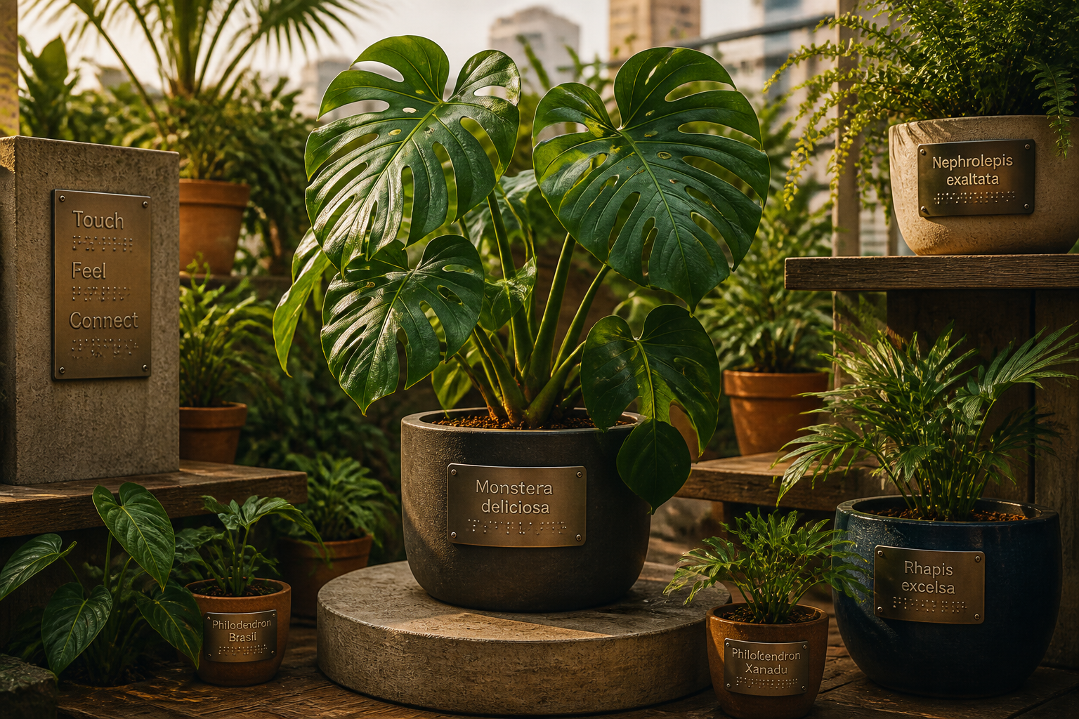 Foto de un microjardín táctil en azotea: macetas de diferentes alturas, señales en braille, etiquetas en relieve y superficies contrastantes.