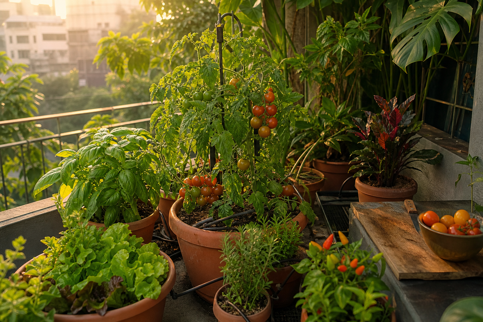 Imagen de un balcón urbano con riego por goteo, macetas de cultivos comestibles y plantas nativas, mostrando un diseño gastronómico funcional.