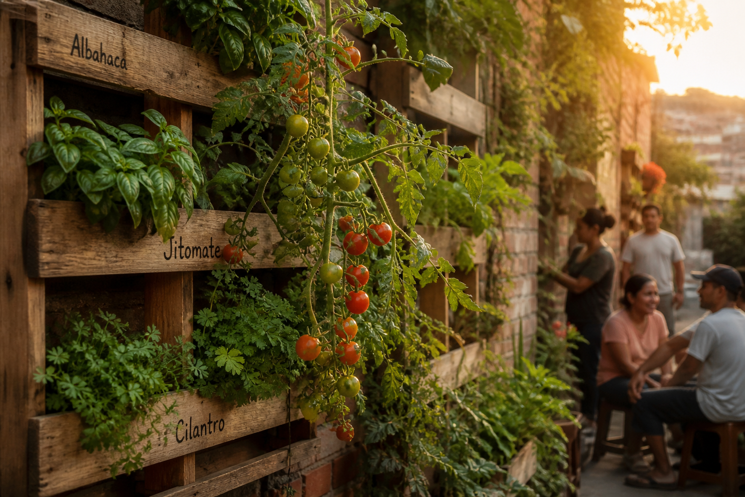 Una imagen de un patio urbano con jardinería vertical en pallets reciclados, con jitomate, cilantro y albahaca, iluminación cálida y presencia comunitaria.