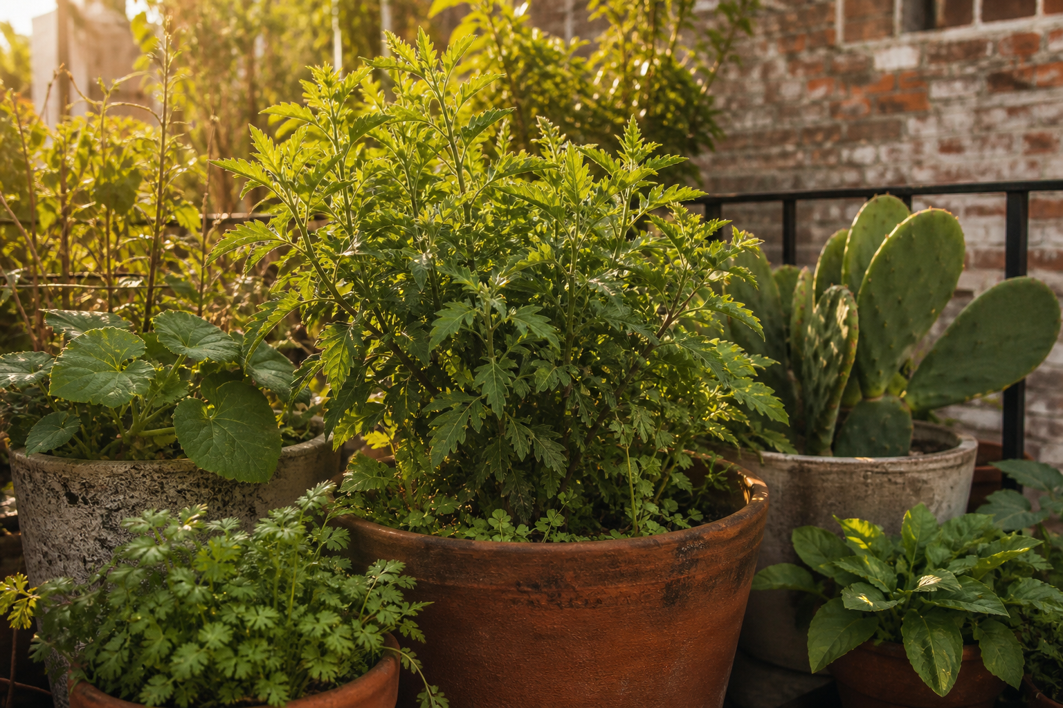 Imagen de un patio urbano con macetas de epazote, cilantro, calabacitas, nopales y quelites, mostrando la memoria vegetal en acción.