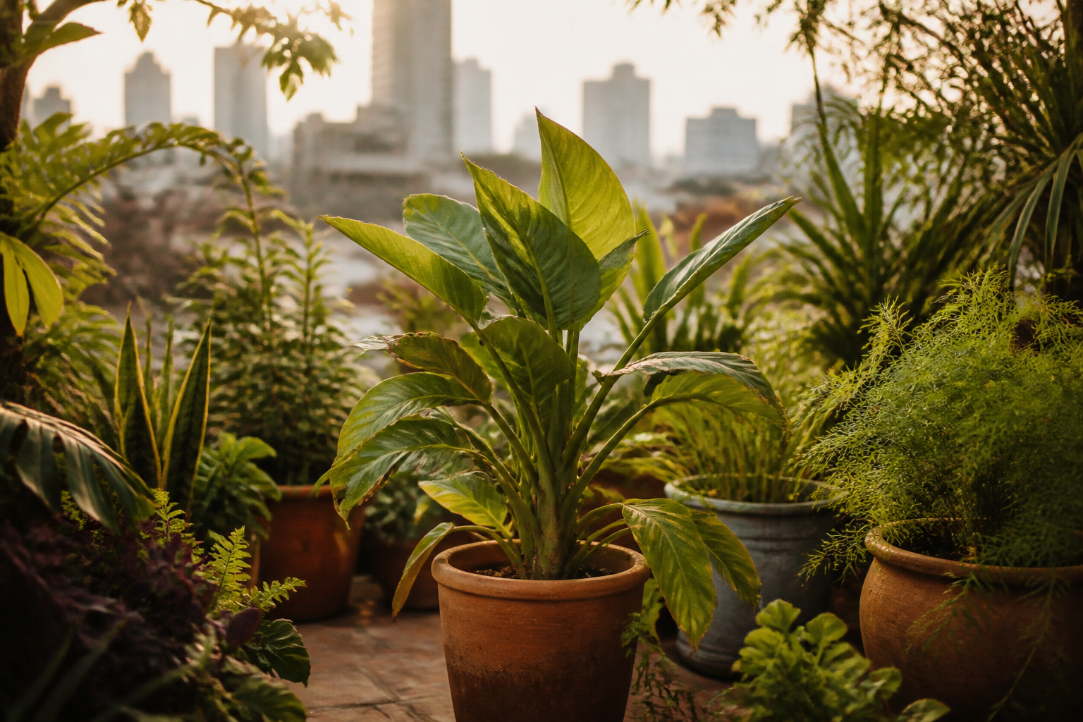 Imagen de una azotea con macetas de plantas nativas y fondo urbano; juego de luces suaves de la tarde.