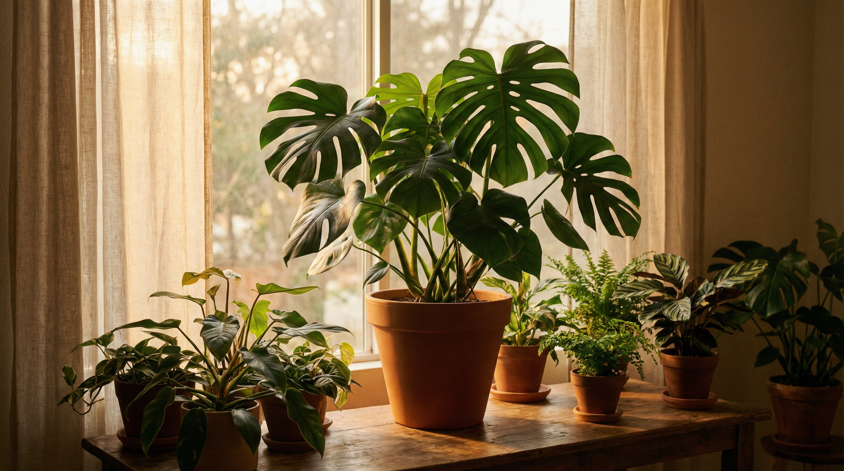 Imagen de una Monstera deliciosa madura en maceta con hojas grandes y perforadas, ubicada junto a una ventana con luz difusa.