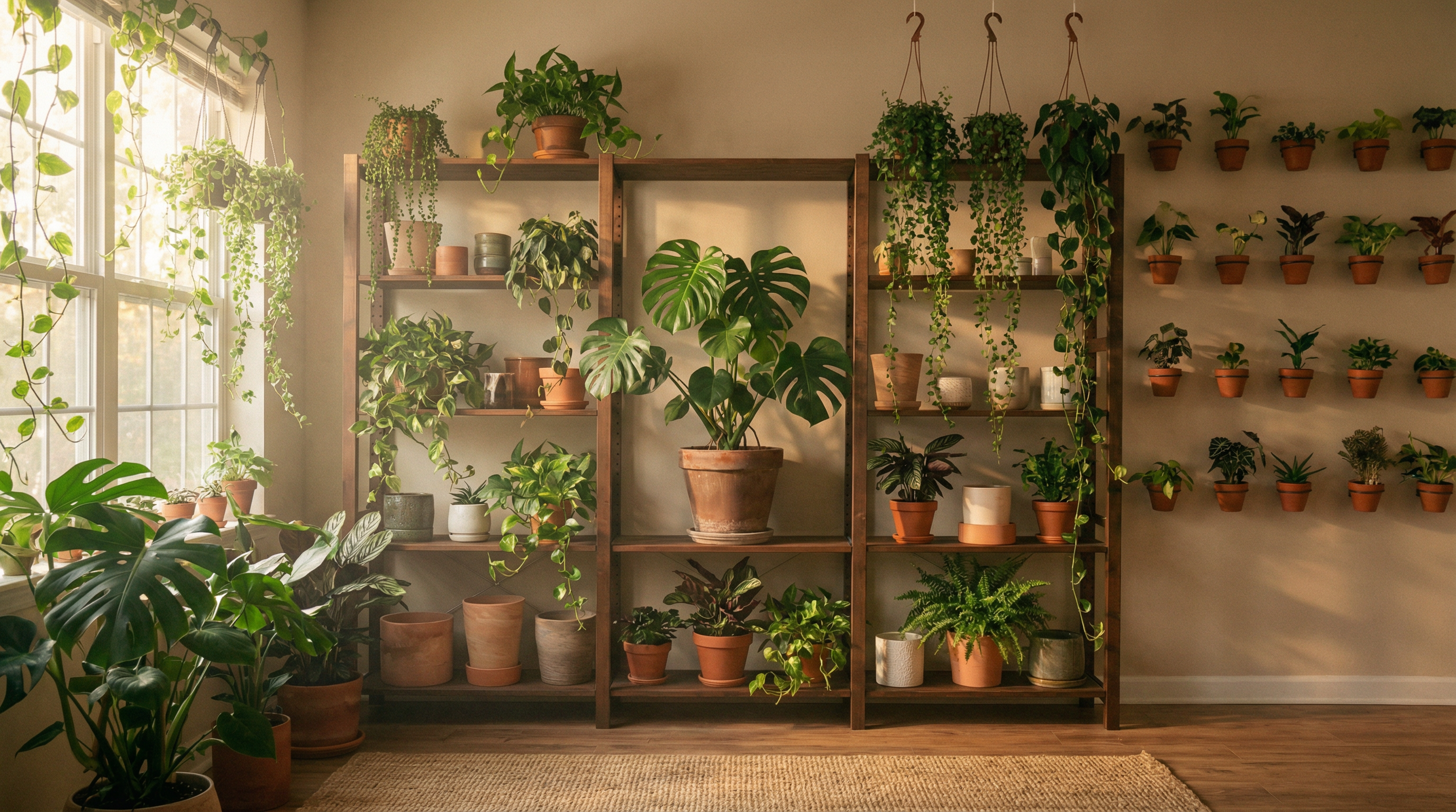 Imagen que muestre una estantería alta y una pared con plantas en contenedores de tamaño reducido, incluyendo alguna planta colgante para aprovechar la verticalidad.
